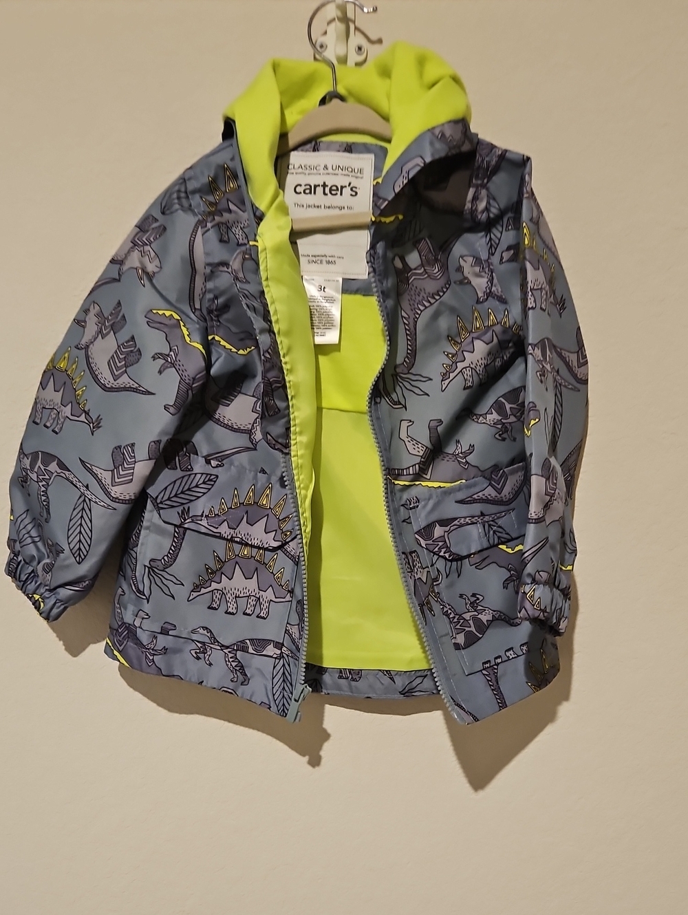 Carter's Light Gray Dinosaur Raincoat with Lime Hood